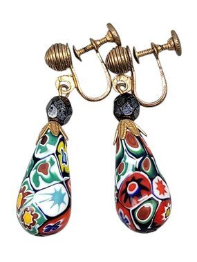 Venetian Millefiori Dangling Screwback Earrings Gold Teardrop Art Glass Vtg